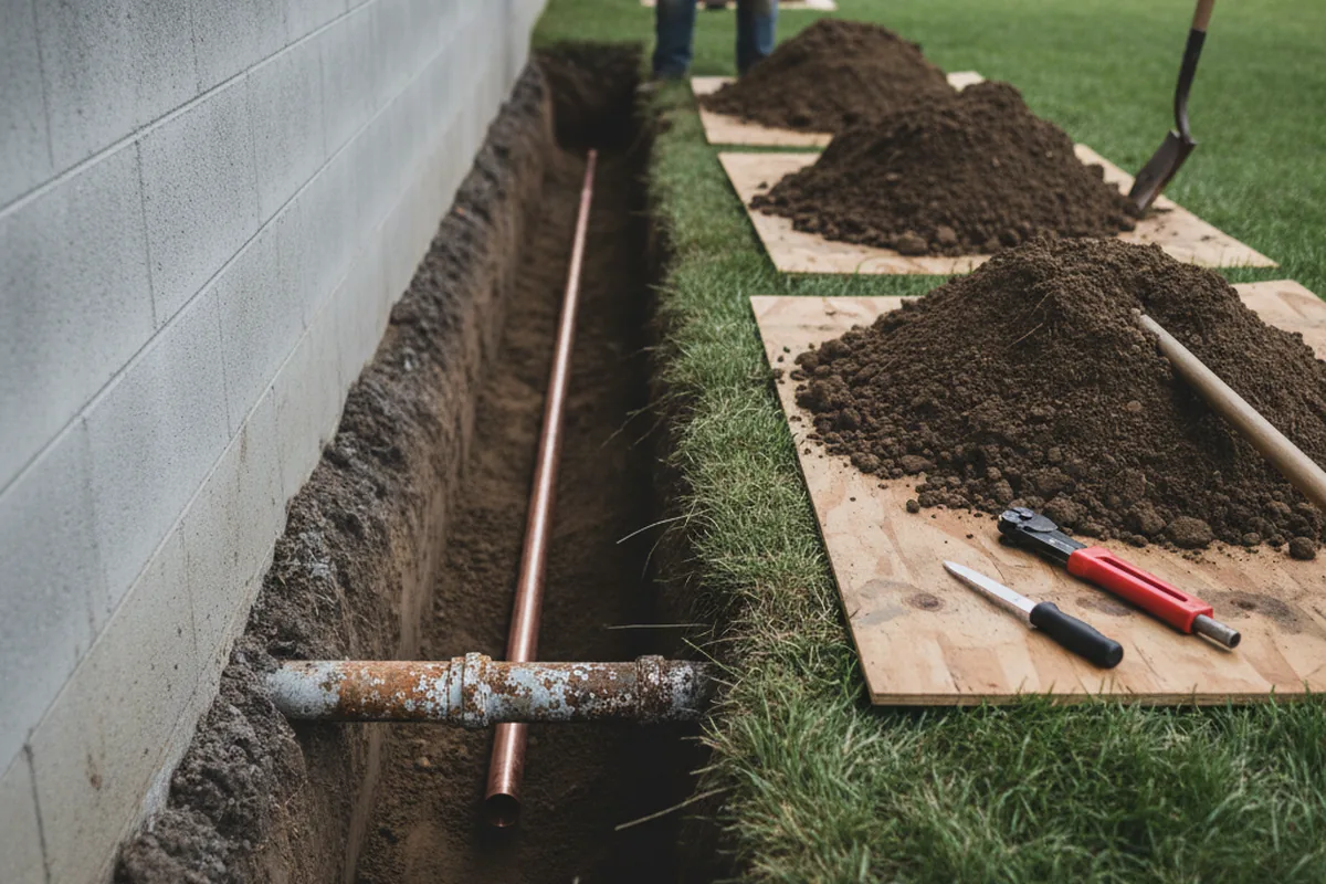 Excavated water line trench during Sewer Line Repair in Braithwaite